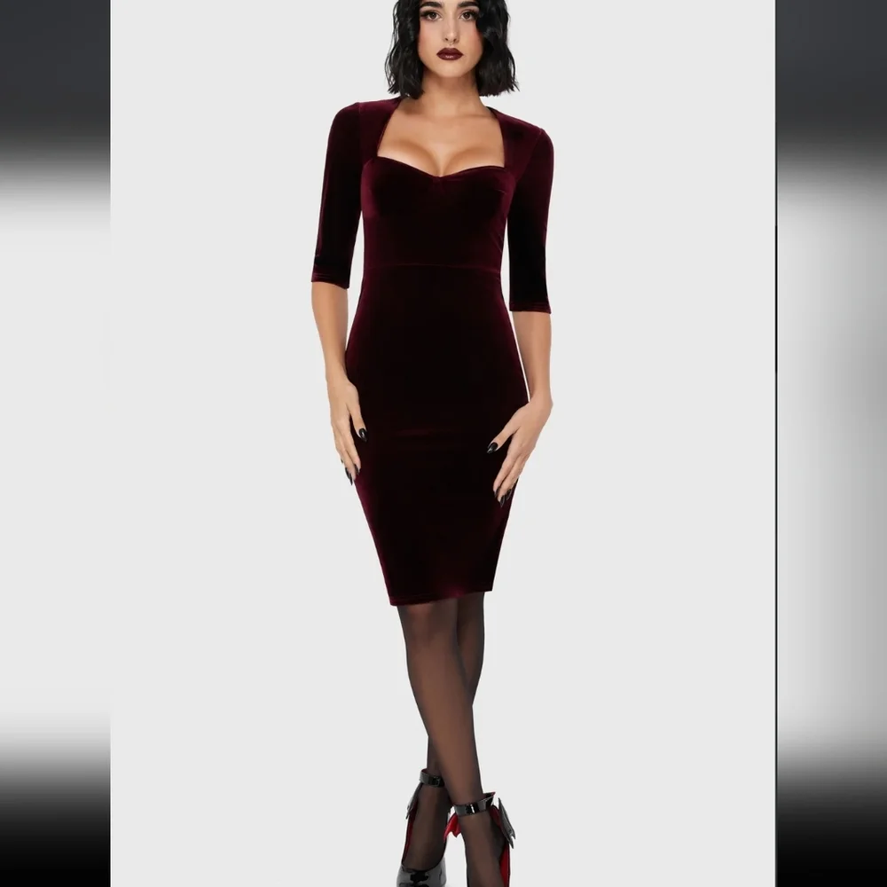 Nwt Killstar Velvet Long Sleeve Dress in Deep Burgundy - Picture 2 of 6